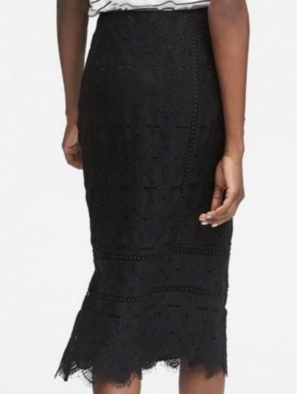 Banana Republic Black Lace Midi Pencil Skirt Sz 2 - Picture 2 of 9